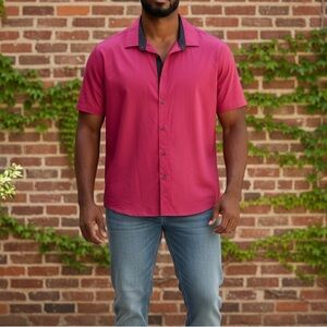 Mens Button Up, Short Sleeve Shirt Black & Red. Large